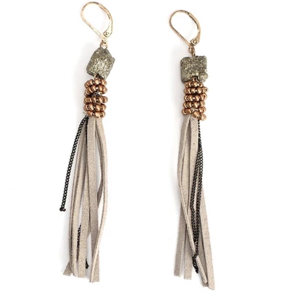 Artisan Hematite Nugget Leather Fringe Earrings